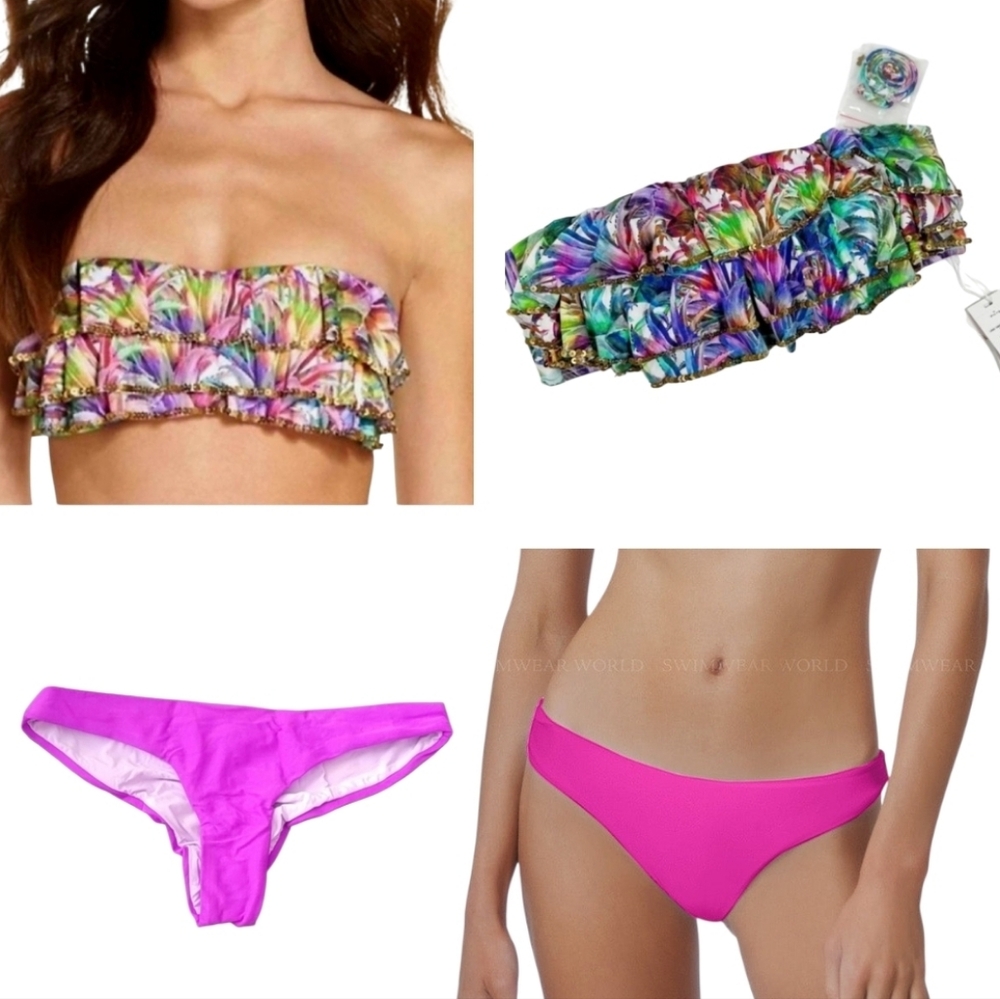 PilyQ Lanai Embroidered Ruffle Strapless Bikini Set sz S